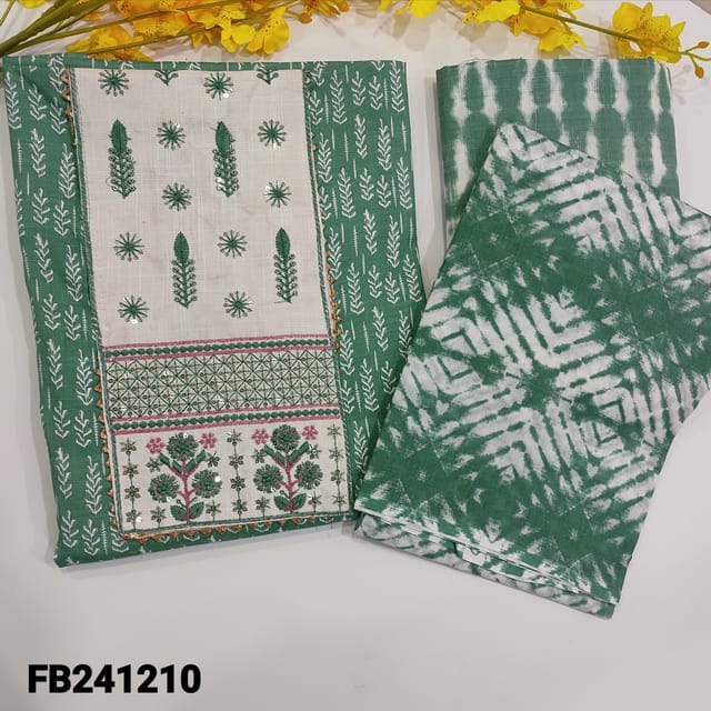 CODE FB241210 : Light cement green printed slub cotton unstitched salwar material,thread and sequins work on yoke(lining optional)printed cotton bottom,soft printed mul cotton dupatta(TAPINGS REQUIRED).