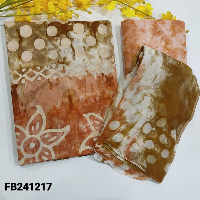 CODE FB241217 : Dark mehandi green& dark peach original wax batik dyed dual shaded pure soft cotton unstitched salwar material(lining needed)abstract design all over,pure cotton bottom,was batik dyed pure chiffon dupatta(TAPINGS REQUIRED)