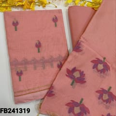 CODE FB241319 : Pastel pink Designer premium silk cotton unstitched salwar material with jamdhani weaving all over,piping on daman,NO BOTTOM,matching lining provided,premium silk cotton dupatta with zari lines all over and weaving on pallu.