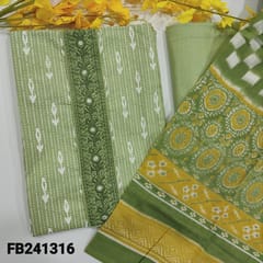 CODE FB241316 : Pastel green soft cotton unstitched salwar material,embroidery on yoke,ikat printed all over,matching fabric for lining,NO BOTTOM,printed mul cotton dupatta.