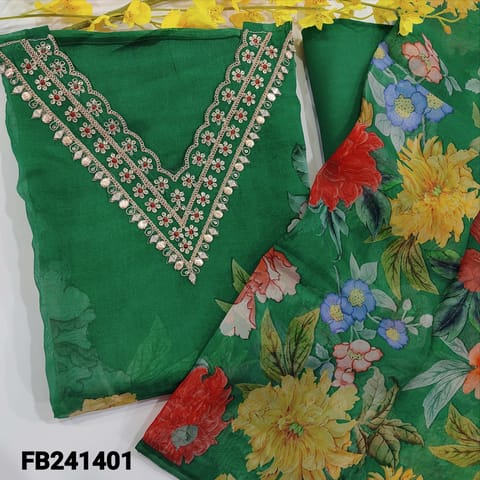 CODE FB241401 : Designer peacock green pure organza unstitched salwar material,V neck with real mirror,gota and zari work,colorful floral printed(thin,lining needed)matching santoon bottom,printed organza dupatta.
