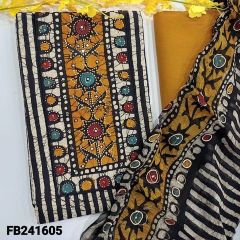 CODE FB241605 : Pure original wax batik dyed cotton unstitched salwar material,faux mirror and embroidery details on yoke, contrast mehandi yellow cotton bottom,pure chiffon batik dyed dupatta.
