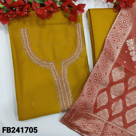 CODE FB241705 : Bright Mehandi yellow  Premium silk cotton unstitched salwar material(silky,lining needed)zari,sequins work on yoke and front,matching bottom,pink silk cotton dupatta with zari woven design and rich pallu.
