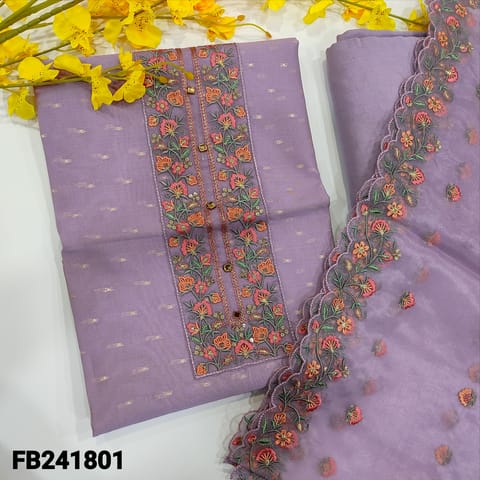 CODE FB241801 : Designer lavender with gold tint silk cotton unstitched salwar material,zari buttas all over,yoke with embroidery and sequins work(thin,lining needed) matching santoon bottom,fancy organza embroidered dupatta.