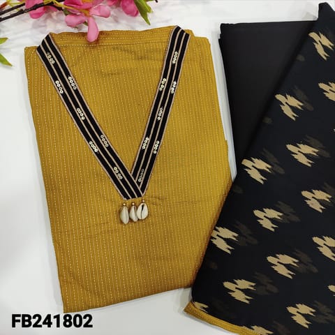 CODE FB241802 : Mehandi yellow pure kantha cotton unstitched salwar material,V neck with cowry shell details,kantha stitches all over,black cotton bottom,ikkat printed chiffon dupatta with tapings.