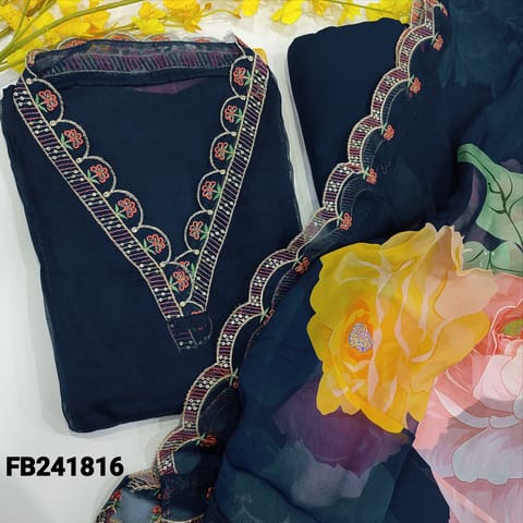 CODE FB241816 : Navy blue pure organza digital printed unstitched salwar material,collared v neck with zari and sequins work(lining needed,thin)matching santoon bottom,pure vibrant printed organza dupatta with cut work edges.