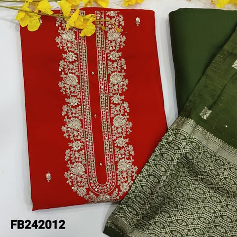 CODE FB242012 : Designer red premium silk cotton unstitched salwar material,zari and sequis work on yoke and front(lining needed,silky)contrast olive green spun cotton bottom,soft silk cotton dupatta with zari woven pallu and buttas with sequins work.