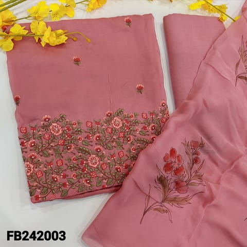CODE FB242003 : Pastel pink Designer pure organza unstitched salwar material,rich embroidery and bead work on daman,tiny thread work on front(thin,lining needed)matching santoon bottom,premium chiffon block printed dupatta.