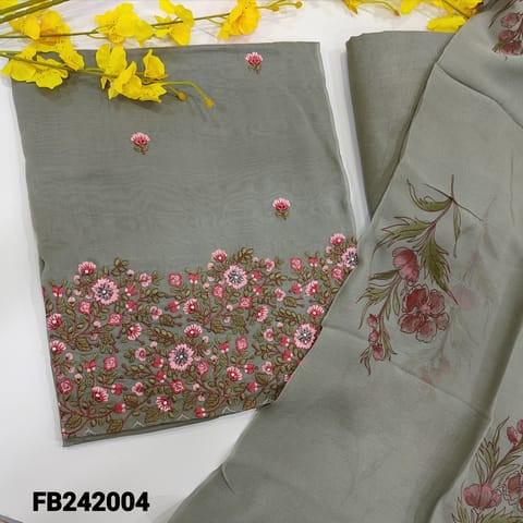 CODE FB242004 : Grey Designer pure organza unstitched salwar material,rich embroidery and bead work on daman,tiny thread work on front(thin,lining needed)matching santoon bottom,premium chiffon block printed dupatta.