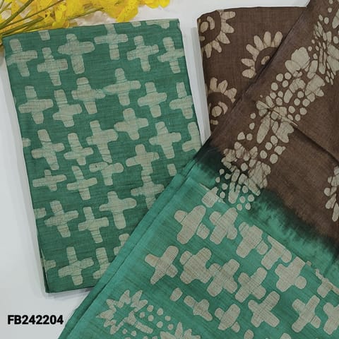 CODE FB242204 : Turquoise green Bhagalpuri jute silk cotton unstitched salwar material with original wax batik dyed pattern(textured,lining optional)chocolate brown batik dyed bottom, bhagalpuri dual shaded dupatta.