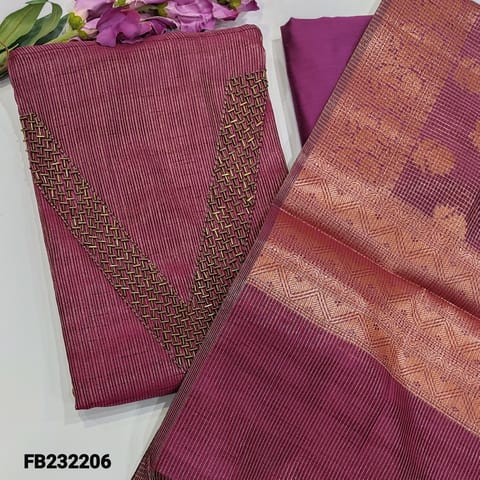 CODE FB242206 : Rani pink with gold tint soft tissue unstitched Salwar material(thin,soft,lining needed)V neck with rich sugar bead and sequins work on yoke,Matching silk cotton bottom,banarasi woven soft tissue silk cotton dupatta,with rich pallu .