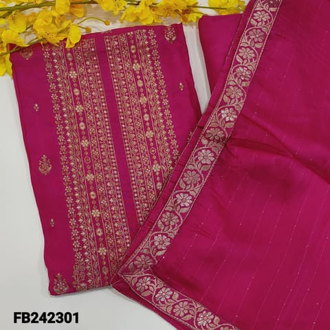 CODE FB242301 : Designer rani pink pure dola silk unstitched salwar material,rich zari woven yoke,daman and buttas on front(silky,lining needed),matching santoon bottom,pure chiffon dupatta with sequins work and brocade tapings.