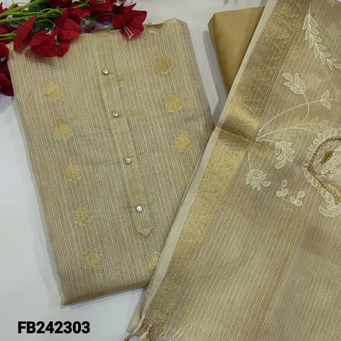 CODE FB242303 : Designer golden beige pure kota tissue silk cotton unstitched salwar material,zari woven buttas on front(thin,lining needed,shiny)beige silk cotton bottom,heavily embroidered and zari woven kota dupatta with borders and tassels.