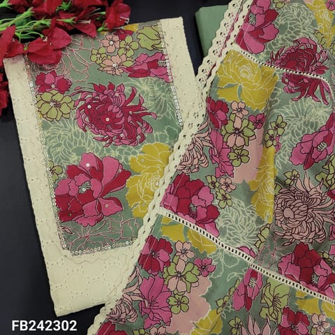 CODE FB242302 : Ivory heavy schiffli embroidered pure cotton unstitched salwar material,floral printed yoke patch with zari detailing(lining needed,thin)matching cement green bottom,floral printed pure mul cotton dupatta with lace tapings.