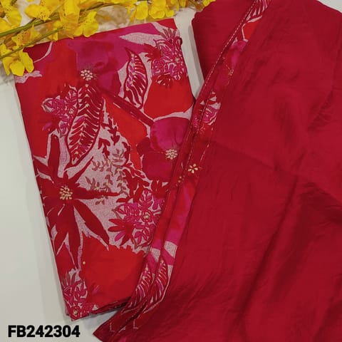 CODE FB242304 : Vibrant Pink soft silk cotton floral printed unstitched salwar material(lining needed)matching silky bottom,crushed silk cotton dupatta with tapings.