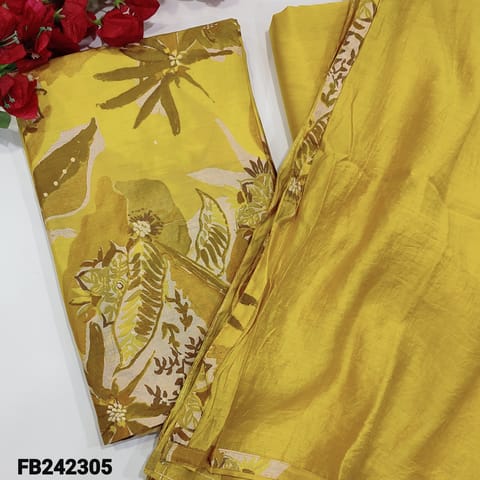 CODE FB242305 : Vibrant Mehandi yellow soft silk cotton floral printed unstitched salwar material(lining needed)matching silky bottom,crushed silk cotton dupatta with tapings.