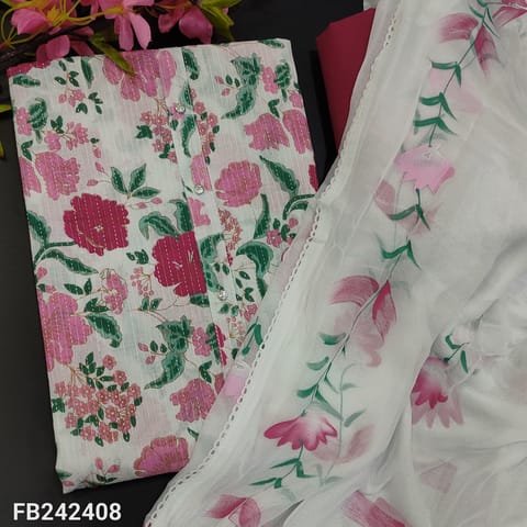 CODE FB242408 : Half White base floral printed pure kantha cotton unstitched salwar material(lining needed)bright pink cotton bottom,brush painted chiffon dupatta with lace tapings.