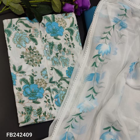 CODE FB242409 : Half White base floral printed pure kantha cotton unstitched salwar material(lining needed)blue cotton bottom,brush painted chiffon dupatta with lace tapings.