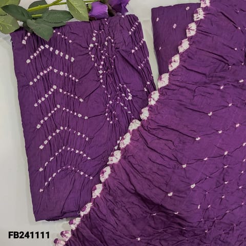 CODE FB241111 : Purple pure cotton unstitched salwar material, original bandhani work all over (lining needed)matching original bandhini pure cotton bottom,bandhani dupatta with cut work edges(design may vary slightly).