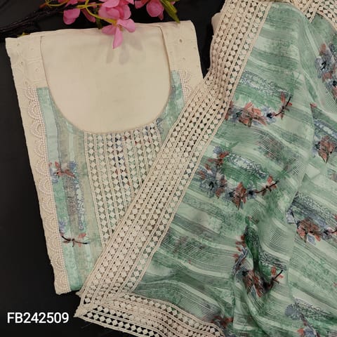 CODE FB242509 : Half white pure cotton schiffli embroidered unstictched salwar material,pastel green printed yoke patch with lace(LACE MIGHT VARY)matching lining given,NO BOTTOM,printed soft brasso chiffon dupatta with thin silver zari lines all over.