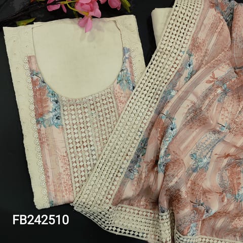 CODE FB242510 : Half white pure cotton schiffli embroidered unstictched salwar material,pastel peach printed yoke patch with lace(LACE MIGHT VARY)matching lining given,NO BOTTOM,printed soft brasso chiffon dupatta with thin silver zari lines all over.