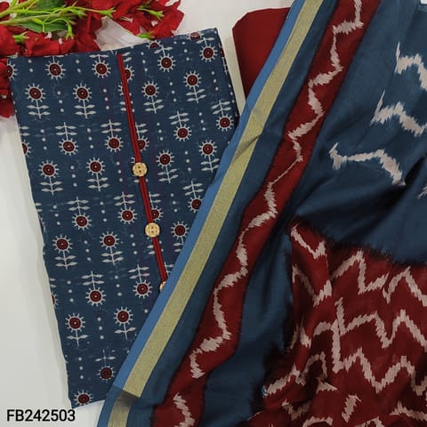 CODE FB242503 : Blue base premium printed chanderi silk cotton unstitched salwar material,simple yoke(thin,lining needed)reddish maroon pure cotton bottom,chanderi silk cotton printed dupatta.