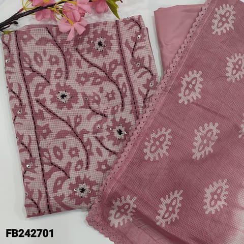 CODE FB242701 : Pink pure kota cotton unstitched salwar material,yoke with original was batik with thread and sequins detailing(thin,lining needed) batik design all over,matching silky bottom,kota shibori dyed dupatta with crochet lace work.