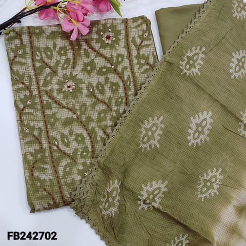 CODE FB242702 : Olive green pure kota cotton unstitched salwar material,yoke with original was batik with thread and sequins detailing(thin,lining needed) batik design all over,matching silky bottom,kota shibori dyed dupatta with crochet lace work.