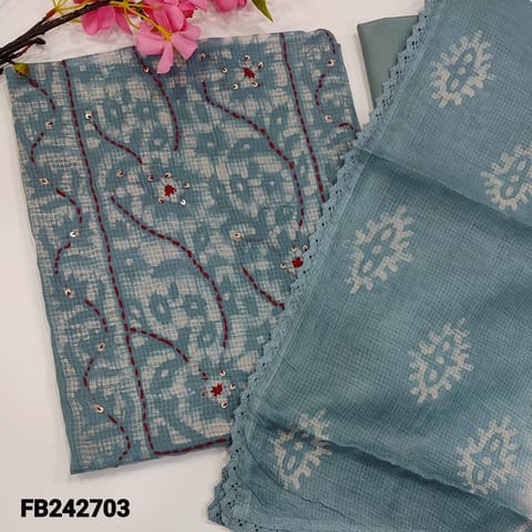 CODE FB242703 : Blueish grey pure kota cotton unstitched salwar material,yoke with original was batik with thread and sequins detailing(thin,lining needed) batik design all over,matching silky bottom,kota shibori dyed dupatta with crochet lace work.