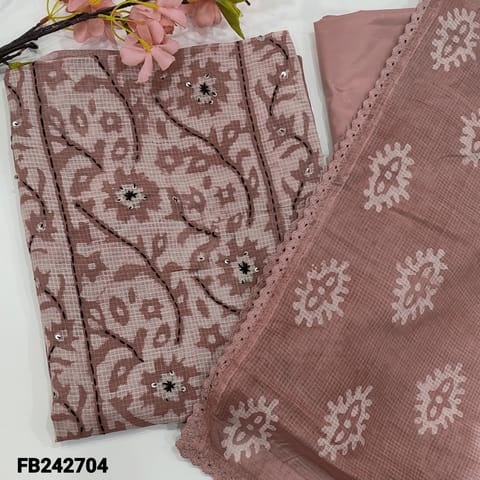 CODE FB242704 : Light onion pink pure kota cotton unstitched salwar material,yoke with original was batik with thread and sequins detailing(thin,lining needed) batik design all over,matching silky bottom,kota shibori dyed dupatta with crochet lace work.