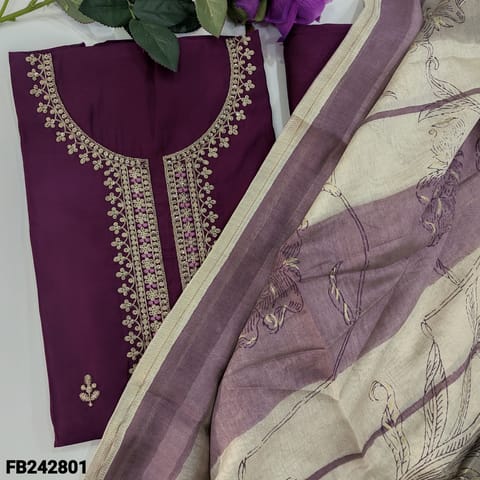 CODE FB242801 : Dark beetroot Purple silk cotton unstitched salwar material,zari,sequins and thread work on yoke(soft,silky,lining neeed)matching santoon bottom,pure maheshwari silk block printed dupatta.