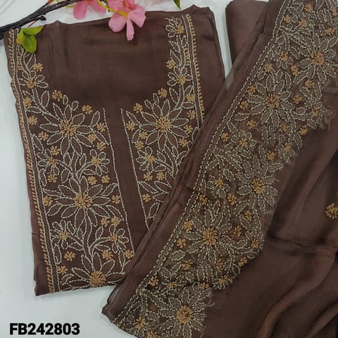 CODE FB242803 : Designer chocolate brown pure organza unstitched salwar material,heavy chikankari embroidery on yoke(thin,lining needed)matching santoon bottom,pure chisson dupatta with rich embroidered borders and buttas.