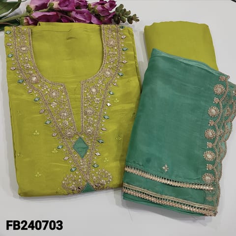 CODE FB240703 : Bright MEHANDI yellow with gold tint pure tissue organza silk,yoke with rich real mirror,zari,sequins,applique&zardozi work(lining needed)work on front,matching santoon bottom,contrast turquoise green dupatta with zari&cut work on borders.