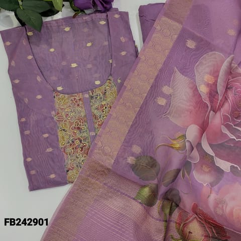 CODE FB242901 : Lavender fancy organza unstitched salwar material,zari and sequins work on yoke,zari buttas all over(thin,lining needed)fancy lace tapings on daman,matching santoon bottom,fancy organza floral printed dupatta with zari buttas and borders.