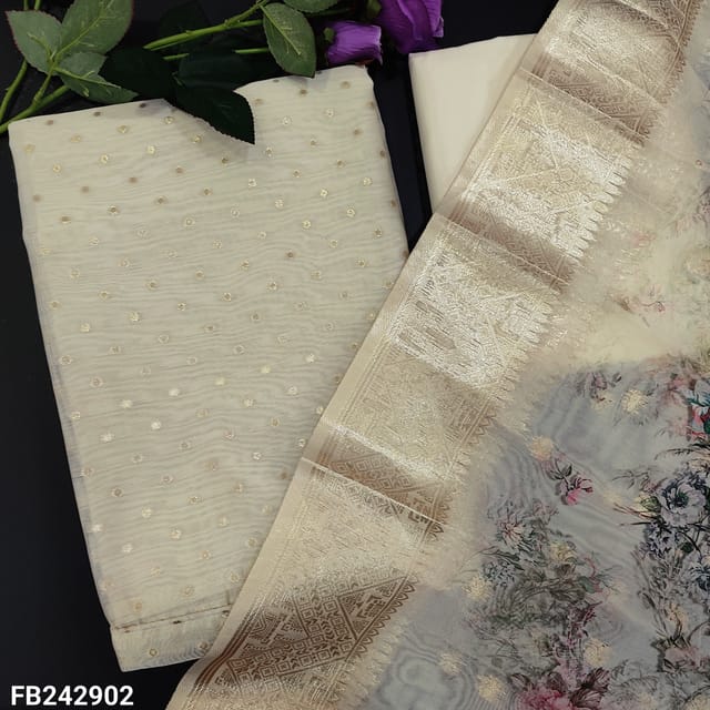 CODE FB242902 : Rich ivory silk cotton unstitched salwar material, zari buttas all over(lining needed,thin)matching silky fabric for lining and bottom,beautiful floral printed  silk cotton dupatta with zari buttas and borders.