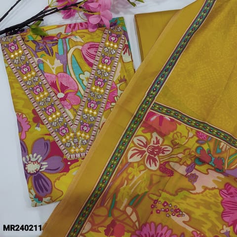 CODE MR240211 : Bright yellow base Multicolored vibrant premium modal masleen unstitched salwar material,V neck with rich thread and sequins work(lining optional)matching bottom,modal masleen printed dupatta.
