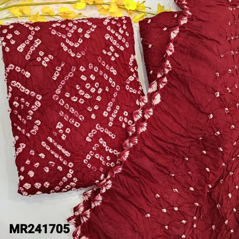CODE MR241705 : Red pure cotton unstitched salwar material, original bandhani work all over (lining needed)matching original bandhini pure cotton bottom,bandhani dupatta with cut work edges