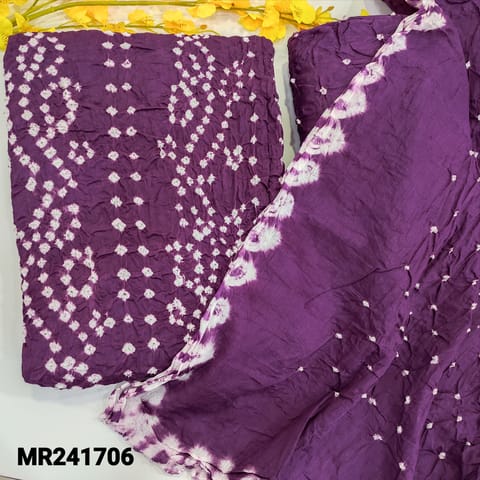 CODE MR241706 : Purple pure cotton unstitched salwar material, original bandhani work all over (lining needed)matching original bandhini pure cotton bottom,bandhani dupatta with cut work edges