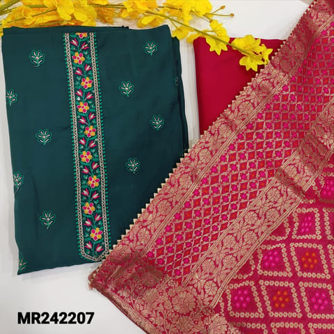 CODE MR242207 : Dark teal blue silk cotton unstitched salwar material,embroidered & sequins work on yoke(silky,lining needed)floral embroidered on front,kota lace work on daman,bright pink spun cotton bottom,fancy silk cotton dupatta with rich borders.