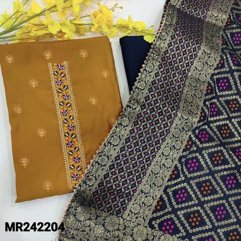 CODE MR242204 : Mehani yellow silk cotton unstitched salwar material,embroidered&sequins work on yoke(silky,lining needed)floral embroidered on front,kota lace work on daman,navy blue spun cotton bottom,fancy silk cotton dupatta with rich borders.