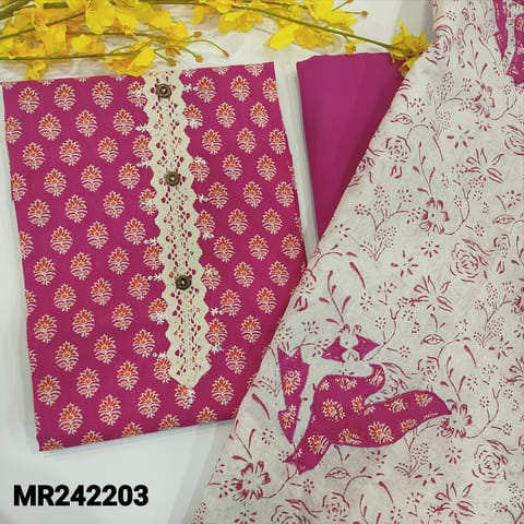 CODE MR242203 : Pink premium cotton unstitched salwar material,lace work on yoke with fancy buttons(lining optiona)lace work on daman,matching cotton bottom,fancy silk cotton block printed dupatta (TAPINGS REQUIRED).