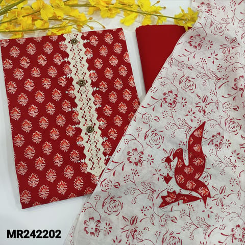 CODE MR242202 : Reddish maroon premium cotton unstitched salwar material,lace work on yoke with fancy buttons(lining optiona)lace work on daman,matching cotton bottom,fancy silk cotton block printed dupatta (TAPINGS REQUIRED).