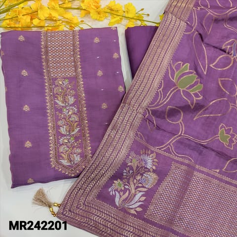 CODE MR242201 : Purple pure dola unstitched salwar material,rich work on yoke,zari buttas on front(silky,lining needed)rich work on daman,matching santoon bottom,pure dola zari woven dupatta with rich pallu.