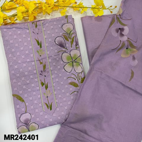 CODE MR242401 : Light purple soft cotton unstitched salwar material,embroidered on front,brush paint all over(lining provided)contrast piping on daman,NO BOTTOM,mul cotton brush painted dupatta(TAPINGS REQUIRED)