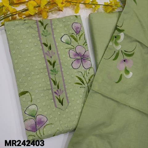 CODE MR242403 : Pastel green soft cotton unstitched salwar material,embroidered on front,brush paint all over(lining provided)contrast piping on daman,NO BOTTOM,mul cotton brush painted dupatta(TAPINGS REQUIRED)