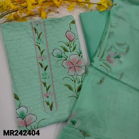 CODE MR242404 : Pastel blue soft cotton unstitched salwar material,embroidered on front,brush paint all over(lining provided)contrast piping on daman,NO BOTTOM,mul cotton brush painted dupatta(TAPINGS REQUIRED)