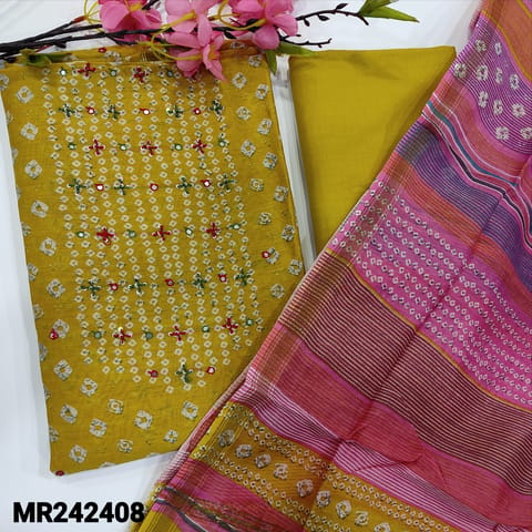 CODE MR242408 : Mehandhi yellow designer premium silk cotton unstitched salwar material,thread&faux mirror work on yoke,bandhini print all over(thin,lining needed)matching pure cotton bottom,silk cotton dupatta with gold tissue borders(TAPINGS REQUIRED).
