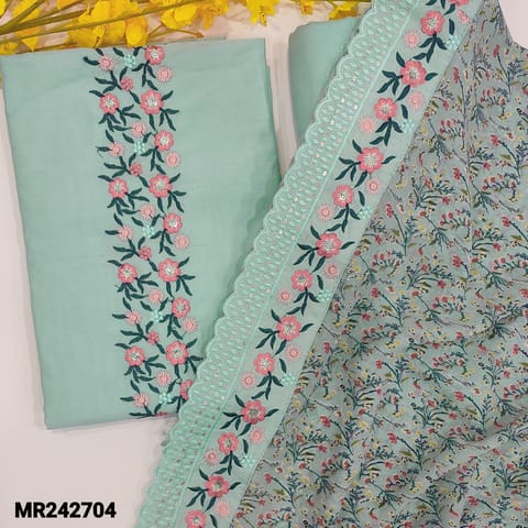 CODE MR242704 : Pastel blue silk cotton unstitched salwar material,thread&sequins work on yoke,sequins work on front(soft,lining needed)matcing spun cotton bottom,floral printed chiffon dupatta with embroidered&cut work edges.