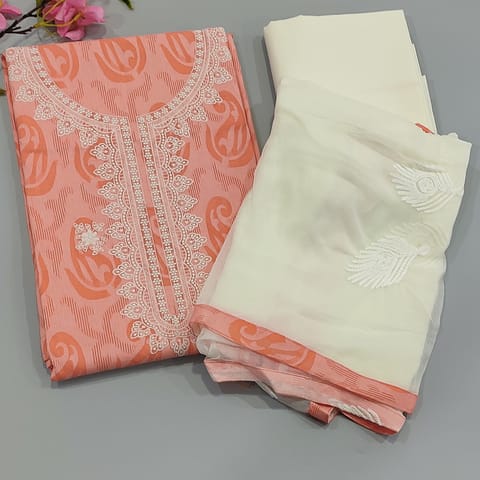CODE D102 : Peach jakard cotton unstitched salwar material,embroidery on yoke(lining optional)half white cotton bottom,embroidered chiffon dupatta with tapings.