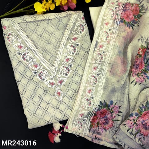 CODE MR243016 : Half white designer pure linen unstitched salwar material,v neck with chikankari embroidery on yoke(thin,lining needed)embroidered&cut work edges on daman,lining provided,NO BOTTOM,floral printed pure linen dupatta with chikankari borders.